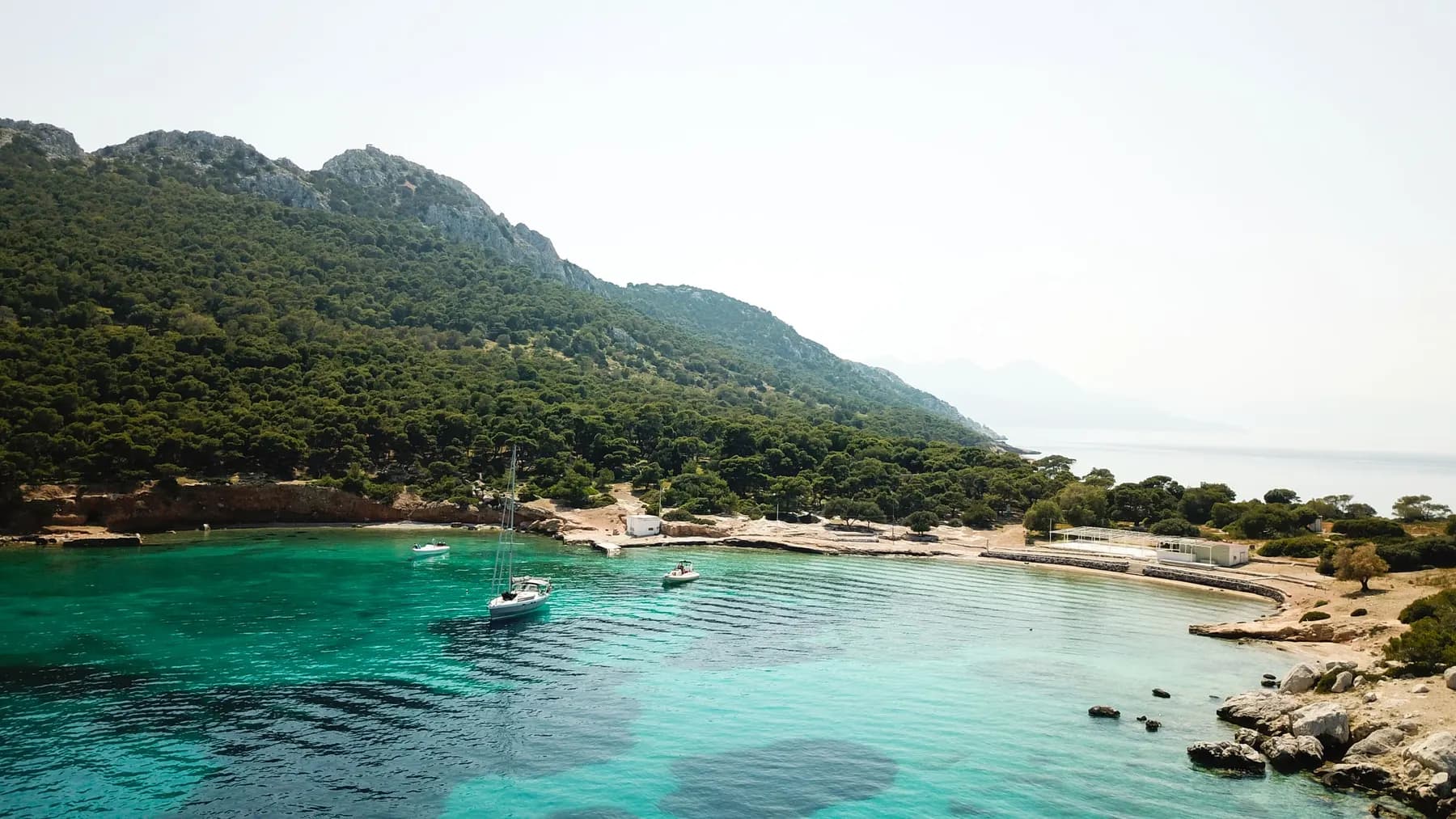 Aerial view of Moni's pine-covered coast and turquoise cove